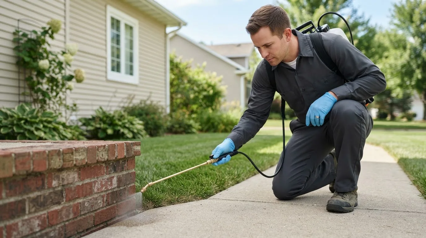 Pest control technician treating a home near New Berlinville, PA